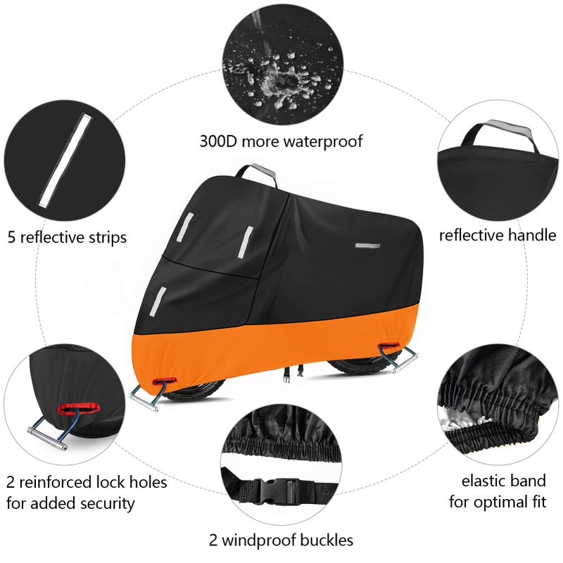 SECELES Motorcycle Covers Waterproof Outdoor Storage All Season UV-Resistant Funda para Moto for Honda Kawasaki Z900 RS Yamaha V-Star R3 R7, Windproof Buckles (XXL 86"" x 37"" x 50"", Black & Orange) - Image 3